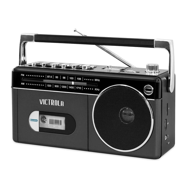 Mini Boombox Bluetooth Victrola Gris con Radio Am/Fm y Reproductor de Casetes