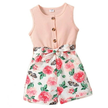 PatPat Kid Girl Summer Sleeveless Romper Floral Print Button Design Casual Jumpsuit