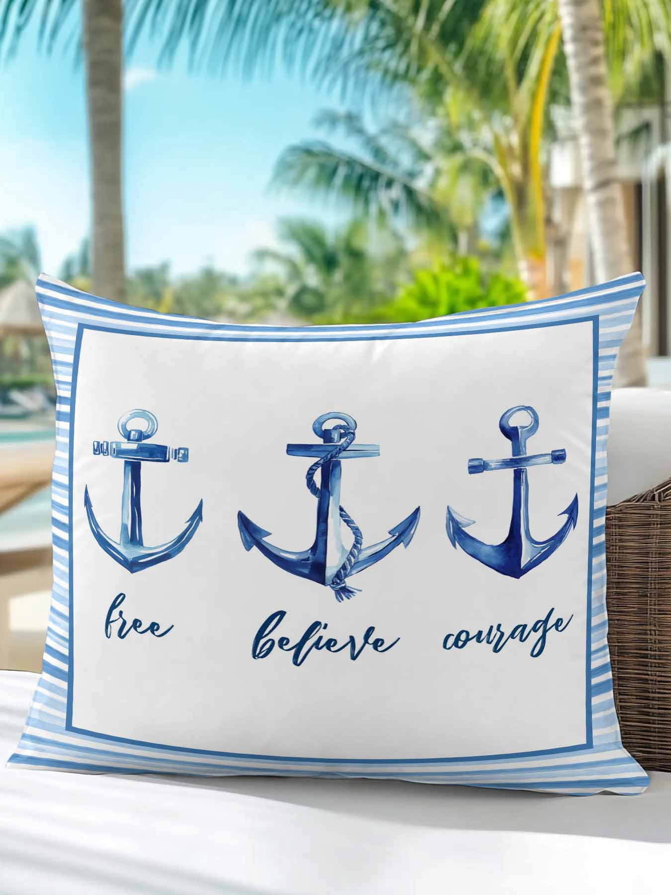 1 Pack Outdoor Pillows Waterproof, Nautical Anchor Indoor/Outdoor Throw Pillows with Inserts, Summer Coastal Ocean Anchor Blue Stripes Decorative Pillow for Patio Furniture Chairs Couch