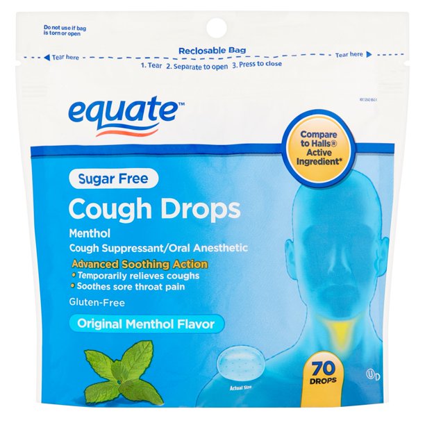Equate Sugar Free Menthol Cough Drops, Original Menthol Flavor, 70