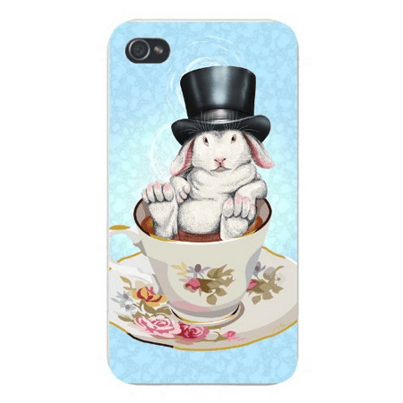 Bunny Rabbit Iphone 4 Case Apple iPhone Custom Case 4 4S White Plastic Snap On - Rabbit Hole Funny Bunny in Teacup w/ Top Hat ()