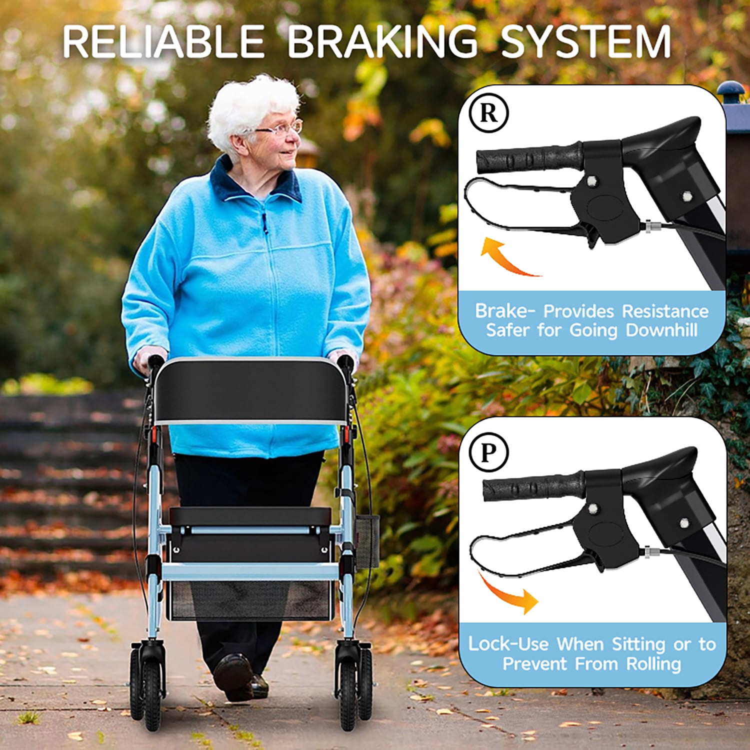 Rollator Walker with Seat for Seniors, Heavy Duty Rolling Walker and Mobility Aid with 450 lb Capacity and 8 Inch Wheels, Blue