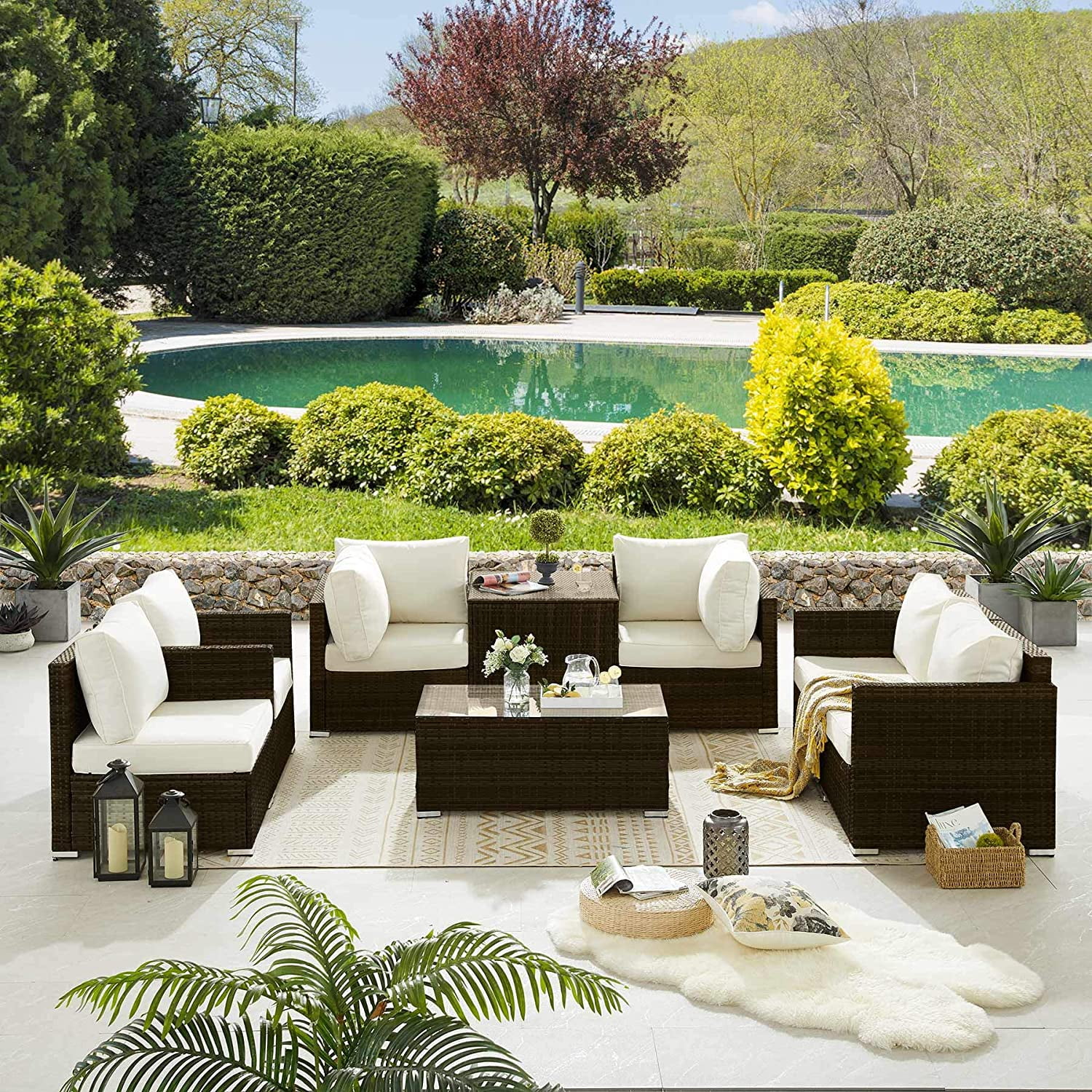 Tribesigns 8 Pieces Outdoor Patio Furniture Set with Side Storage Tables, Extra Large Wicker 