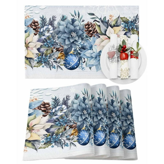 Christmas Placemats Set of 4, Poinsettia Floral Place Mats Blue Xmas Balls Berry Placemat Table Decoration for Kitchen Table Dinner Xmas Holiday Party Home Decor Indoor Outdoor 13x19 Inch