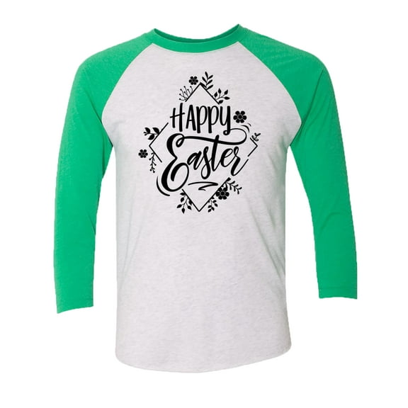 Trenz Shirt Company Happy Easter with Floral Design Ladies Baseball Tee-Green-Large