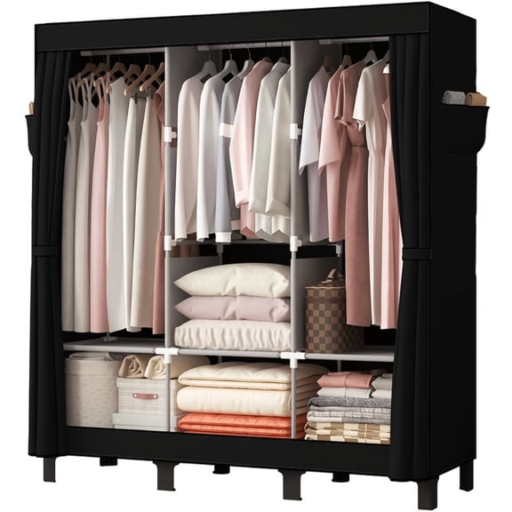 Portable Simple Wardrobe for Bedroom, Divided Storage Closet with Hanging Section for Clothes