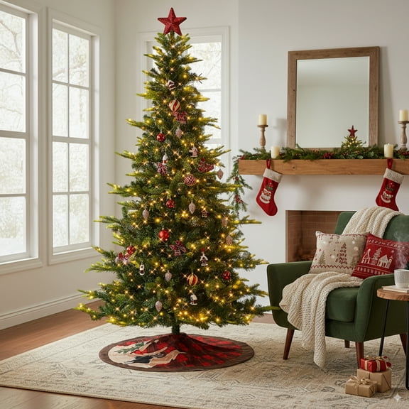 Ktaxon 7.5ft Christmas Tree Artificial Christmas Tree Pre-Lit Artificial Slim Aspen Noble Fir Seasonal Holiday Decoration w/ 400 LEDs,Red