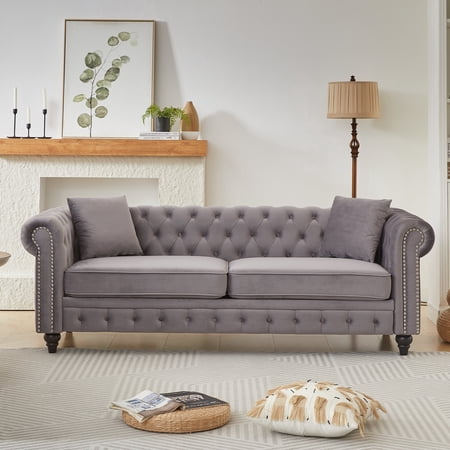 FFZ 85.5" Chesterfield Sofa with Rolled Arms, Button Design and 2 Cushions, Grey