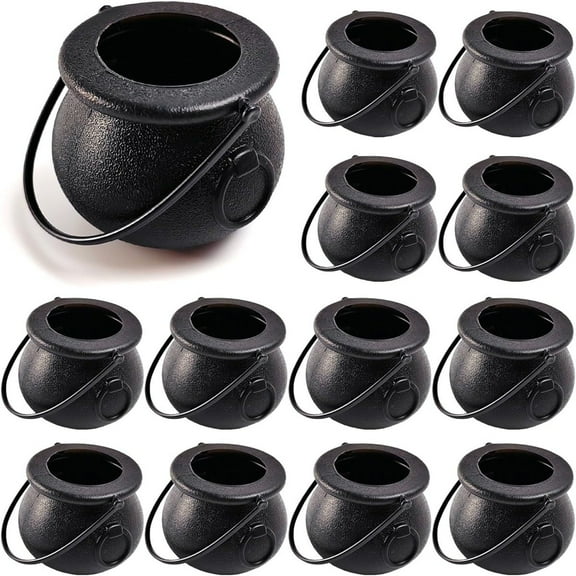 12 Pcs  Halloween Mini Plastic Cauldron, 12 Pcs Witch Calderon Pot Black Buckets with Handle for Halloween Candy  ﻿