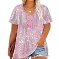 thumbnail image 2 of Qiopertar Plus Size V-Neck T-Shirts for Women Casual Summer Short Sleeve Solid Color Printing Basic Comfy Loose Fit Tops, Pink XXL, 2 of 4