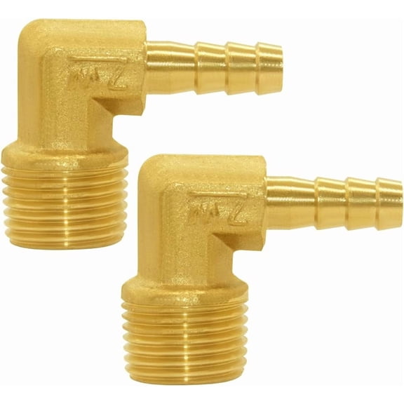 2 Pack Brass Hose Fitting 90 Degree Elbow 1/4 Inch Barb 3/8 Inch NPT Male Pipe Water Fuel Air
