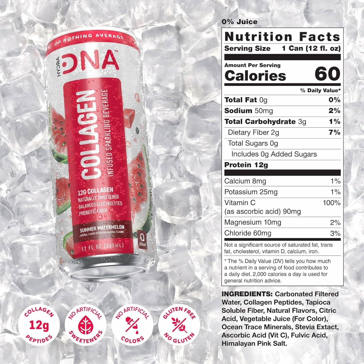 HYDRADNA Sparkling Protein Water, Collagen, Summer Watermelon Flavor, Sugar-Free, Keto-Friendly, Gluten-Free, 12 Pack, 12 fl oz