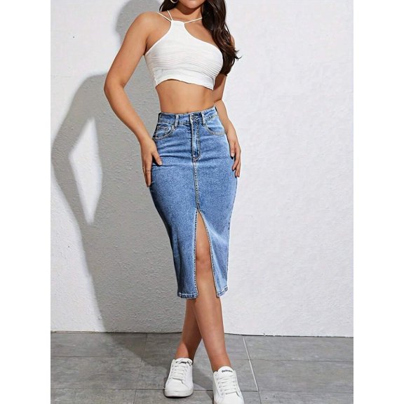 Womens Light Wash Stretch Denim Midi Skirt With Front Slit
