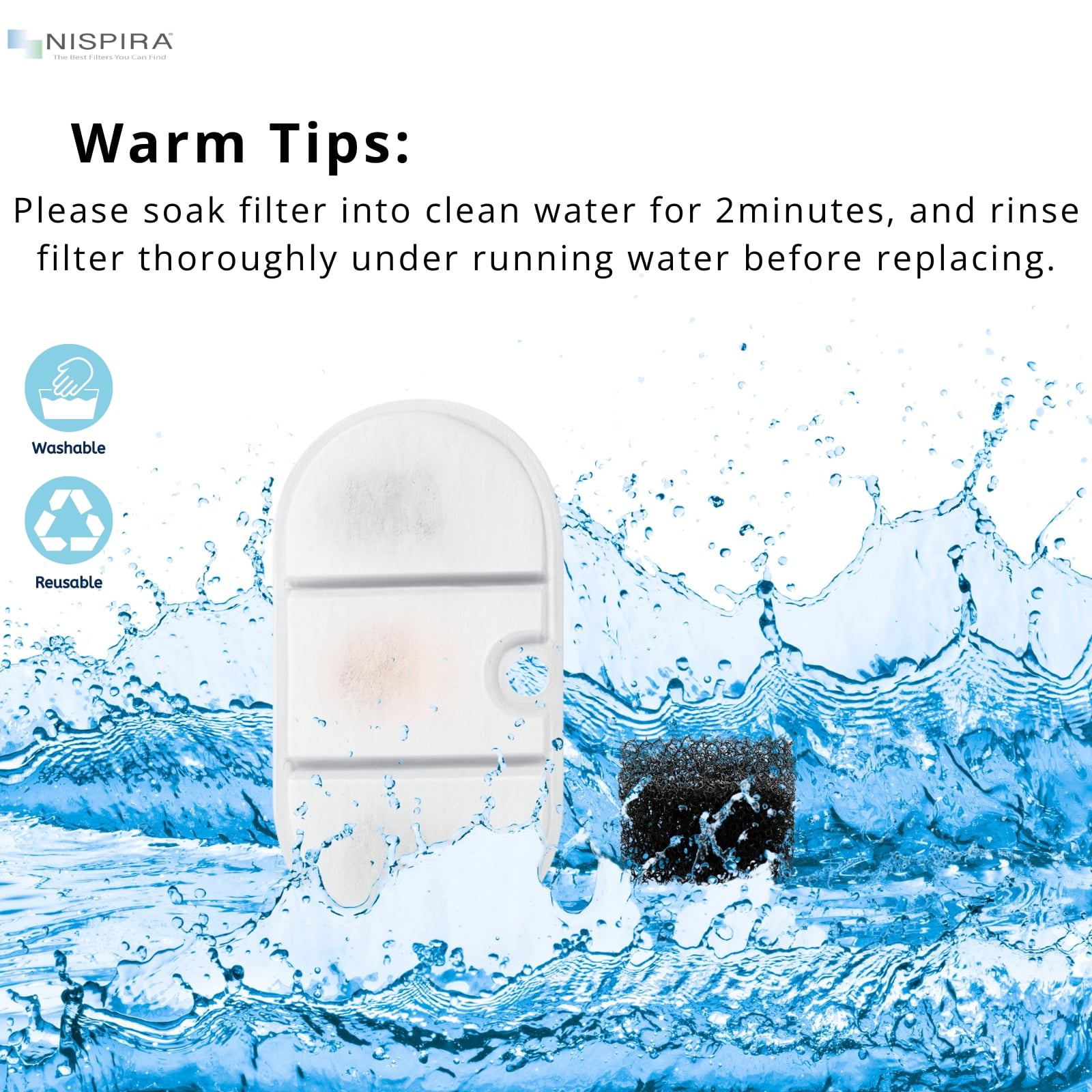 NISPIRA PLWF002 Cat Water Fountain Activated Charcoal Water Filter Kit Replacements with Spongies Compatible with Petlibro 71oz/2.1L, 24 Packs