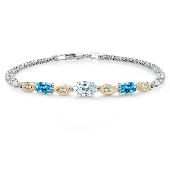 925 Silver and 10K Yellow Gold Sky Blue Aquamarine and Swiss Blue Topaz and White Lab Grown Diamond Bracelet for Women (1.91 Cttw, Gemstone March Birthstone, Oval, Wheat Chain, 7.5 inches)
