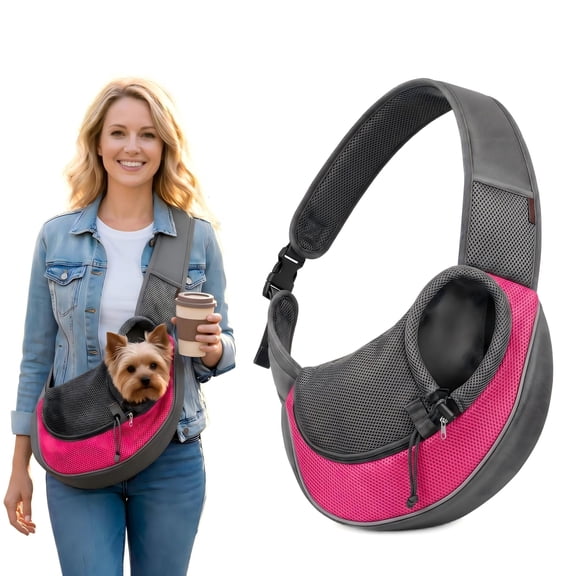 Pet Dog Sling Carrier for Small Dogs & Cats, Adjustable Strap Mesh Hand Free Puppy Carrier Bag for Outdoor Travel, Fits Pets Up to 5 lbs (Pink)