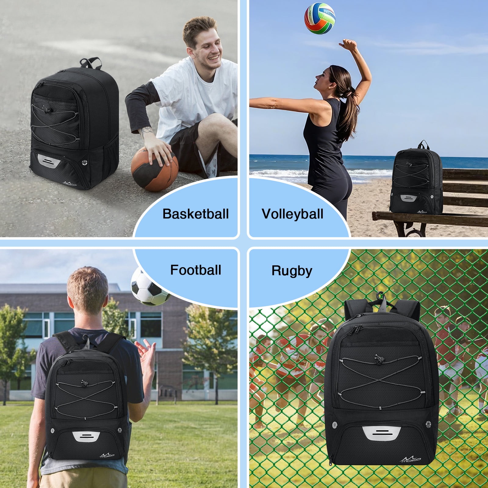 MoKo Basketball Bag Backpack with Ball Shoe Compartment, Sports Equipment Bags for Youth, Black