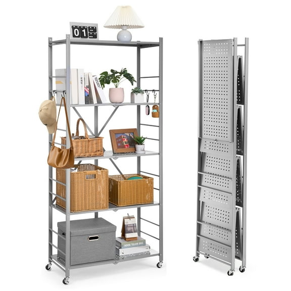 VEVOR 5-Tier Foldable Storage Shelf, 32W x 14D x 72H Inch Folding Metal Rack Shelving Unit, Heavy Duty No Assembly Organizer Shelf with 5 Wheels & 4 Hooks for Pantry, Kitchen, Garage, Basement, Grey