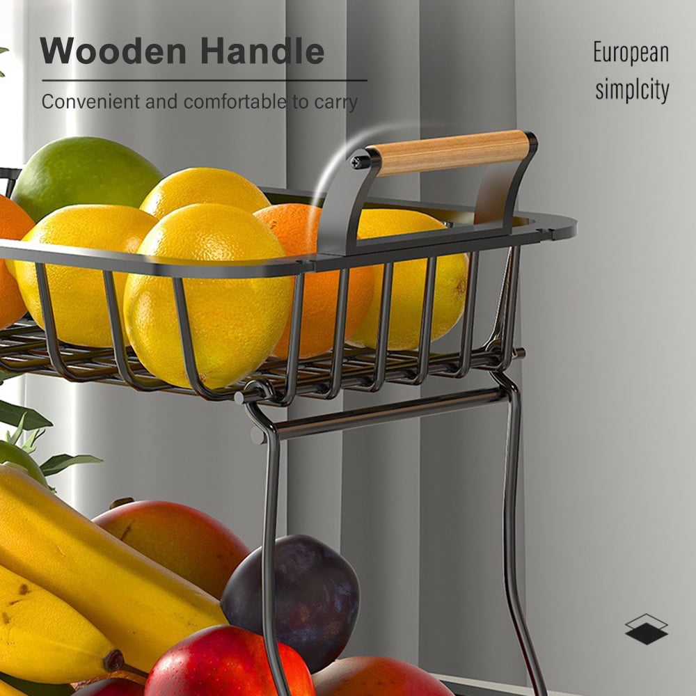 CACAGOO 2 Tier Countertop Fruit Basket Kitchen Organizer with Wooden Handle for Kitchen Counter Metal Mesh Basket Fruits Stand Produce Holder Organizer