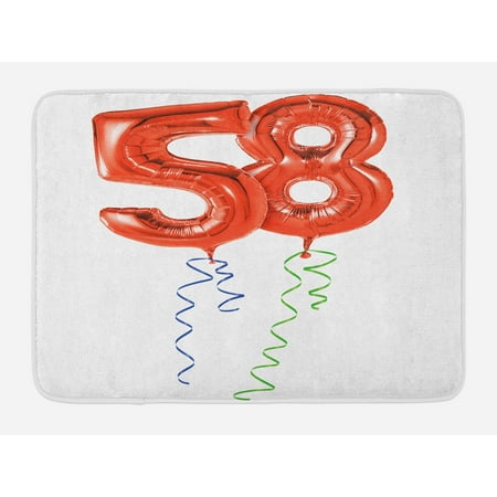 58th Birthday Bath Mat, Getting Older Best Wishes Balloons Party Day Anniversary Artwork Picture, Non-Slip Plush Mat Bathroom Kitchen Laundry Room Decor, 29.5 X 17.5 Inches, Red and White,