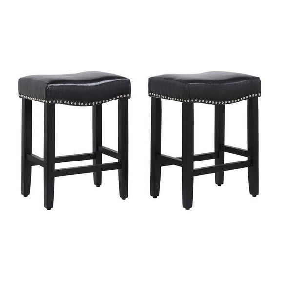 Costaelm Bulmon 24" Upholstered Counter Stools with Nail Head Trim (Set of 2), Black/Leather