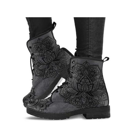 

Gomelly Ladies Leather Boot Vintage Short Bootie Floral Ankle Boots Fashion Booties Work Outdoor Gray 6.5