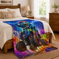 thumbnail image 6 of Energetic Monster Truck Adventure Scene Blue Fur Monster, Playful Fantasy Scene, Warm Flannel Blanket for Home Library and Reading Nook, Celestial Art Lovers Housewarming Gift, Fantasy Home Decor, 6 of 7