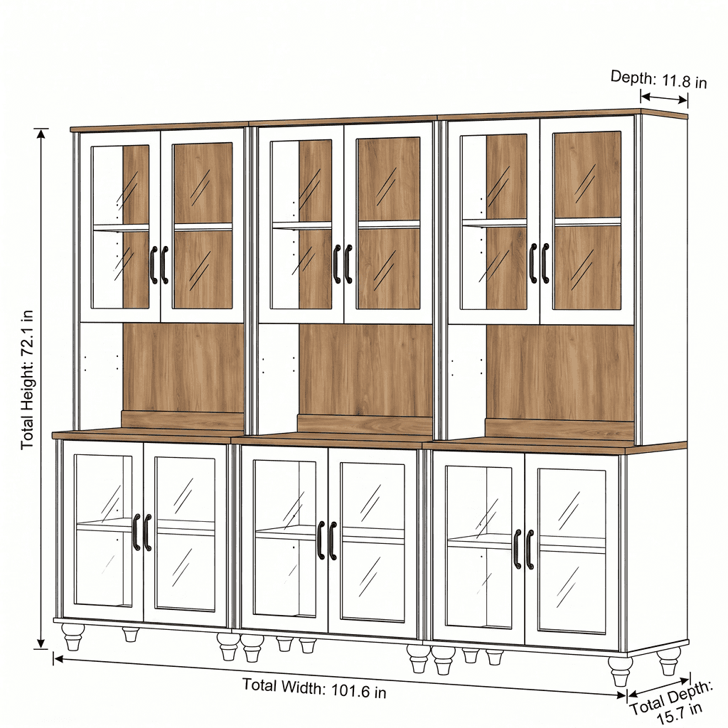 Sideboard Buffet Cabinet with Storage, Large Bookcase with Glass Doors and Adjustable Shelf, Library Wooden Bookshelves for Living Room, Office, Kitchen, Study Room, White, 72" H