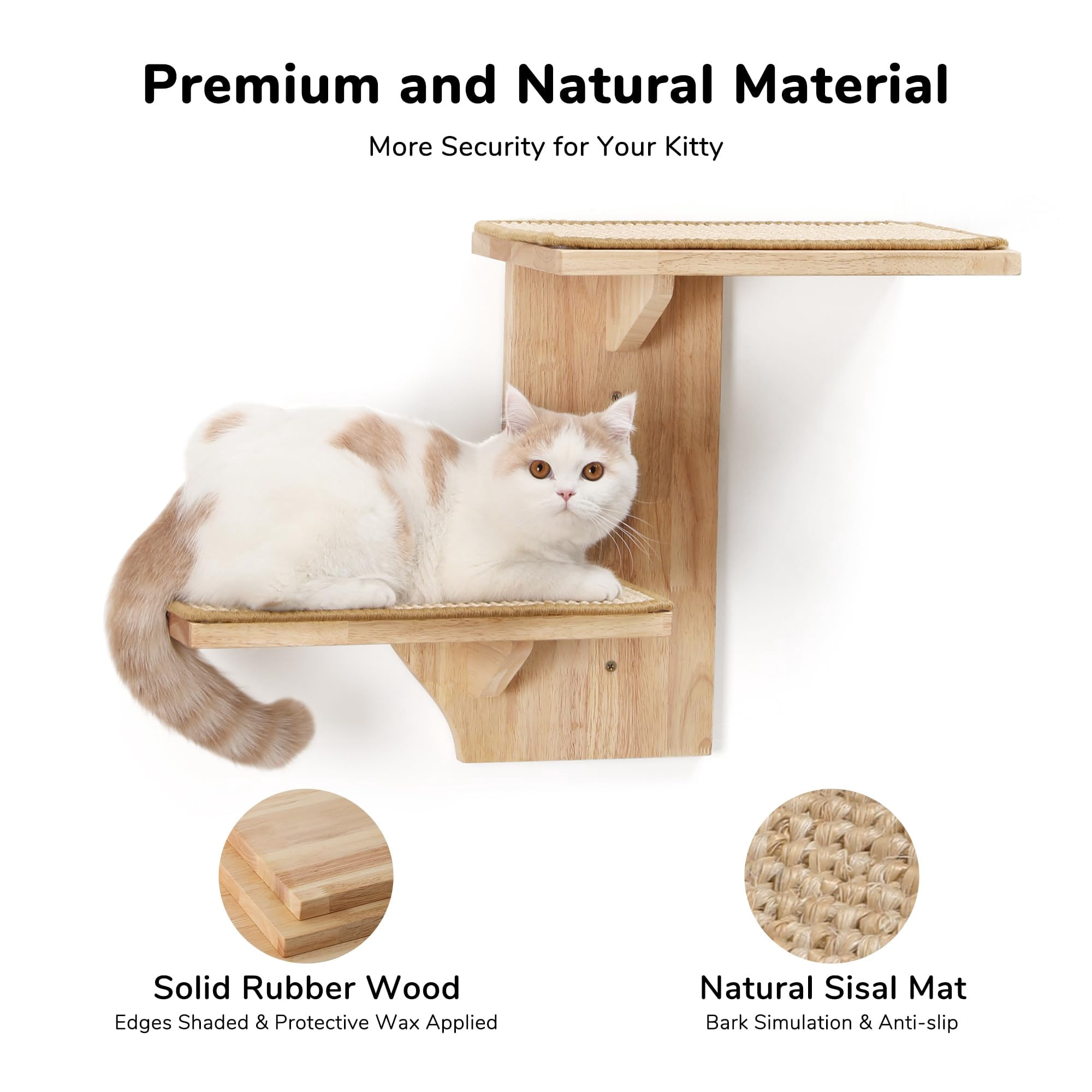 Cat Wall-mounted Floating Shelves With Sisal Mat, Tree Shape Solid Rubber Wood Cat Perch