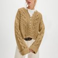 thumbnail image 2 of Women's Cropped Cable Knit Sweater Oversized Half Button Pullover (Khaki, L), 2 of 4