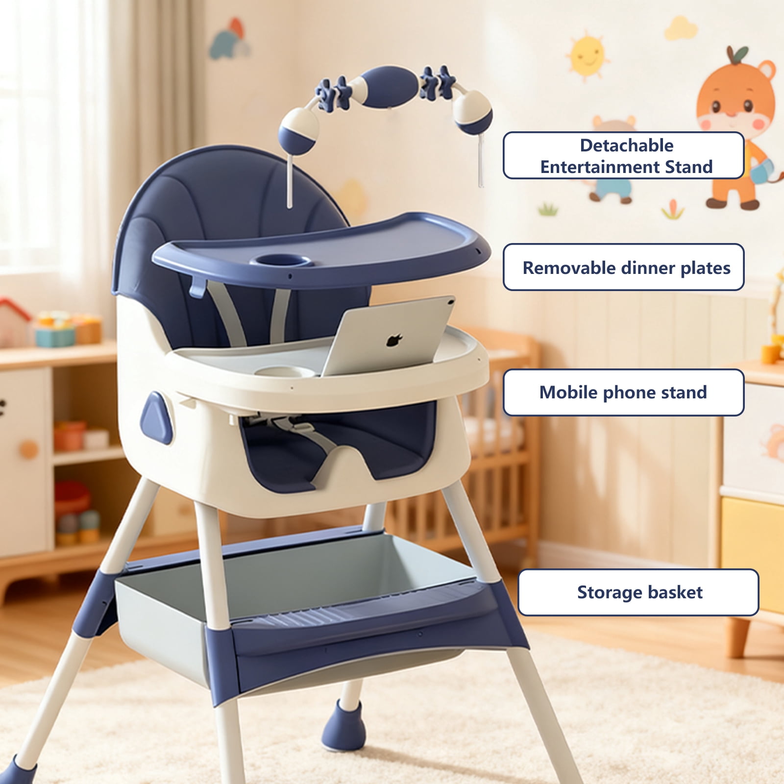 4-in-1 Baby High Chair for Babies & Toddlers, Foldable High Chair with Detachable PU Cushion, Removable Tray, Adjustable Height, Locking Wheels, Blue