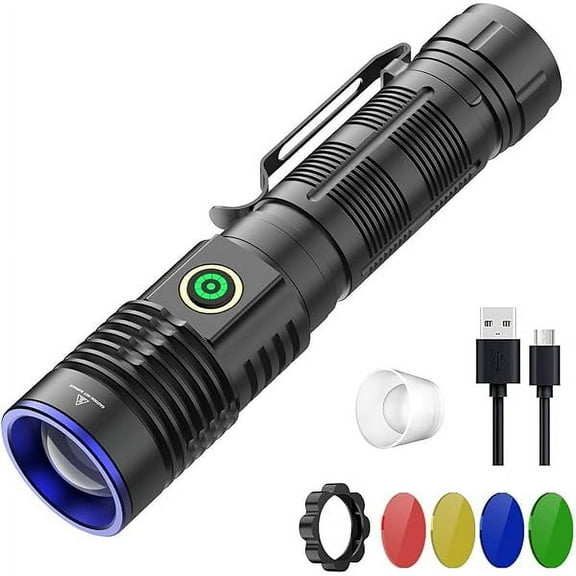 ZCMulticolor Flashlight 5 in 1 LED Tactical Rechargeable Flashlights High Lumens White Red Green Blue Yellow Light Multicolor Lens 4 Modes Zoomable for Camping Hiking Fishing Hunting