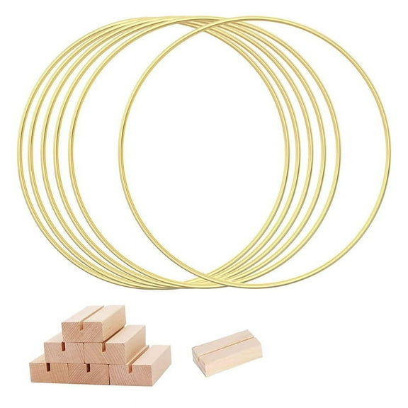 6 PCS 12 Inch Metal Floral Centerpiece for Table, Gold Wreath Ring with 6 PCS Wood Holder Stands, Rings