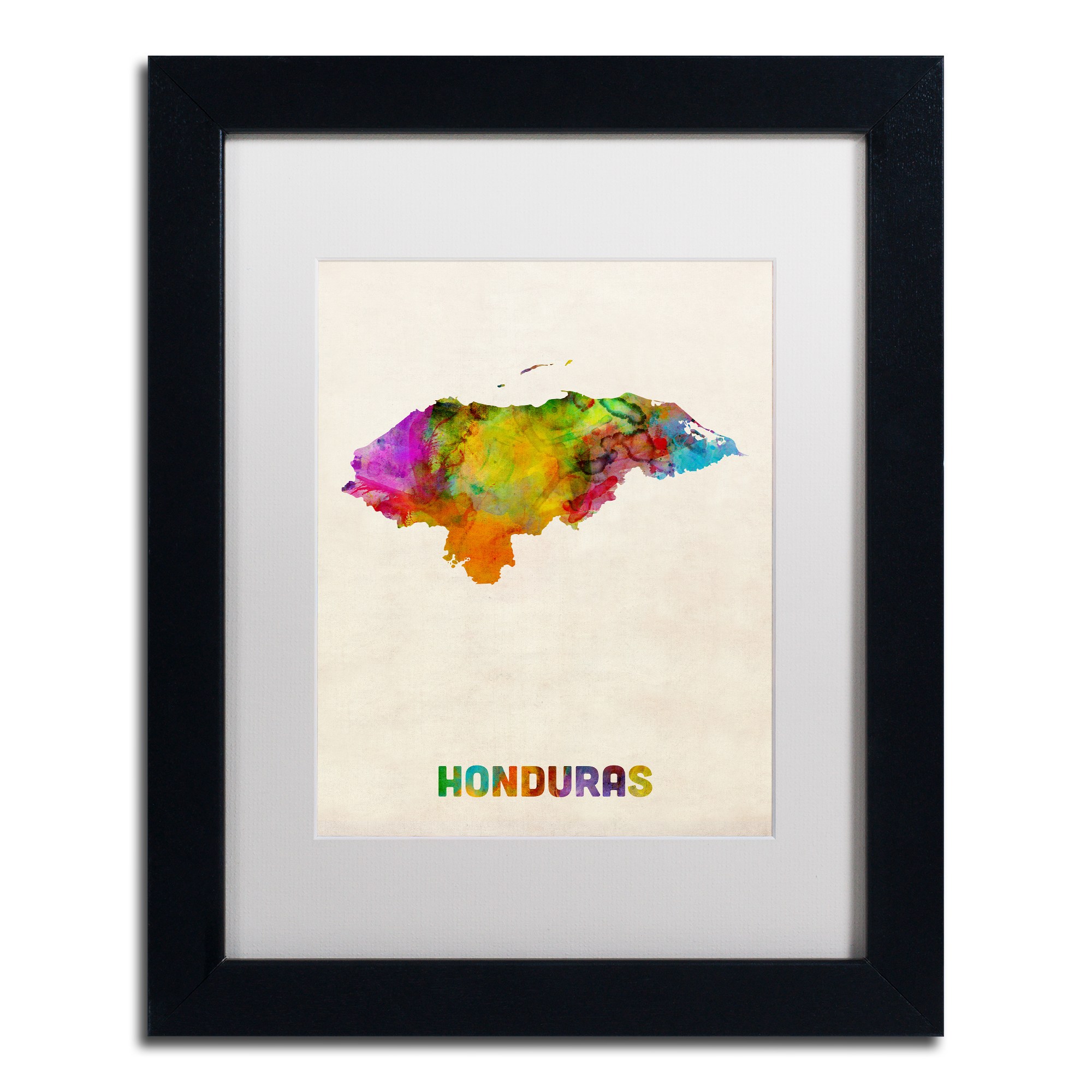 Trademark Fine Art ''Honduras Watercolor Map'' by Michael Tompsett 16' x 20' White Matted Black Fram