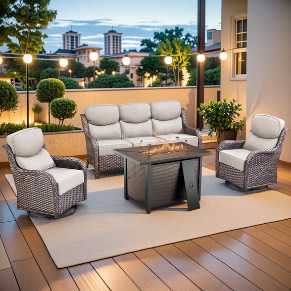Gymojoy Upgraded 4 Piece Patio Furniture Set with Fire Pit Table, Sofa and Swivel Rocker Chairs, Outdoor Conversation Set with 6 Inch Cushions for Deck Porch Yard
