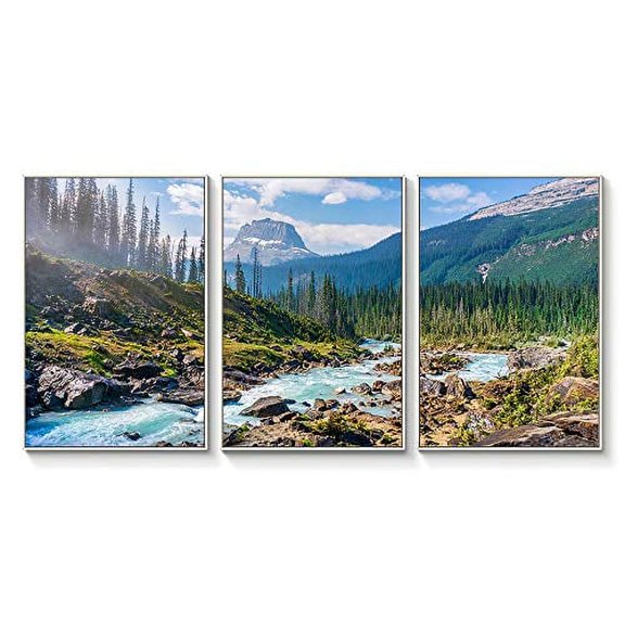 wall26 Framed Wall Art Print Set Rocky River in Sunny Mountain Forest Nature Wilderness Photography Realism Rustic Colorful Multicolor Ultra for Living Room, Bedroom, Office - 16"x24"x3 Whi