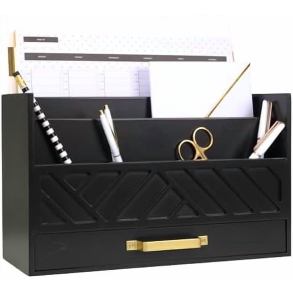Black Mail Organizer with Drawer and Gold Handle – Desktop Mail Holder and Office Supplies Storage – Home Office Desk Accessories – Letter Sorter and Paper Organizer