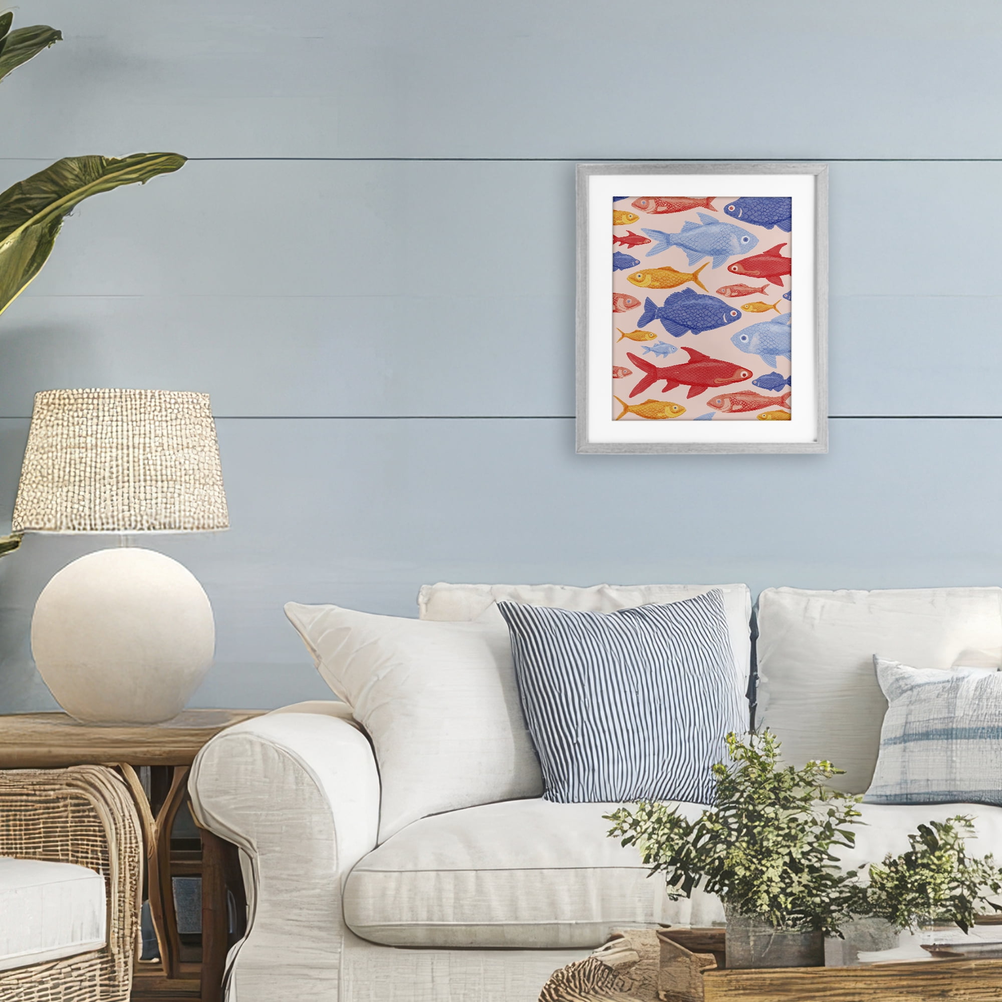 Stupell Industries Red Yellow and Blue Fish Gray Framed Print Under Glass, design by The Paper Curator