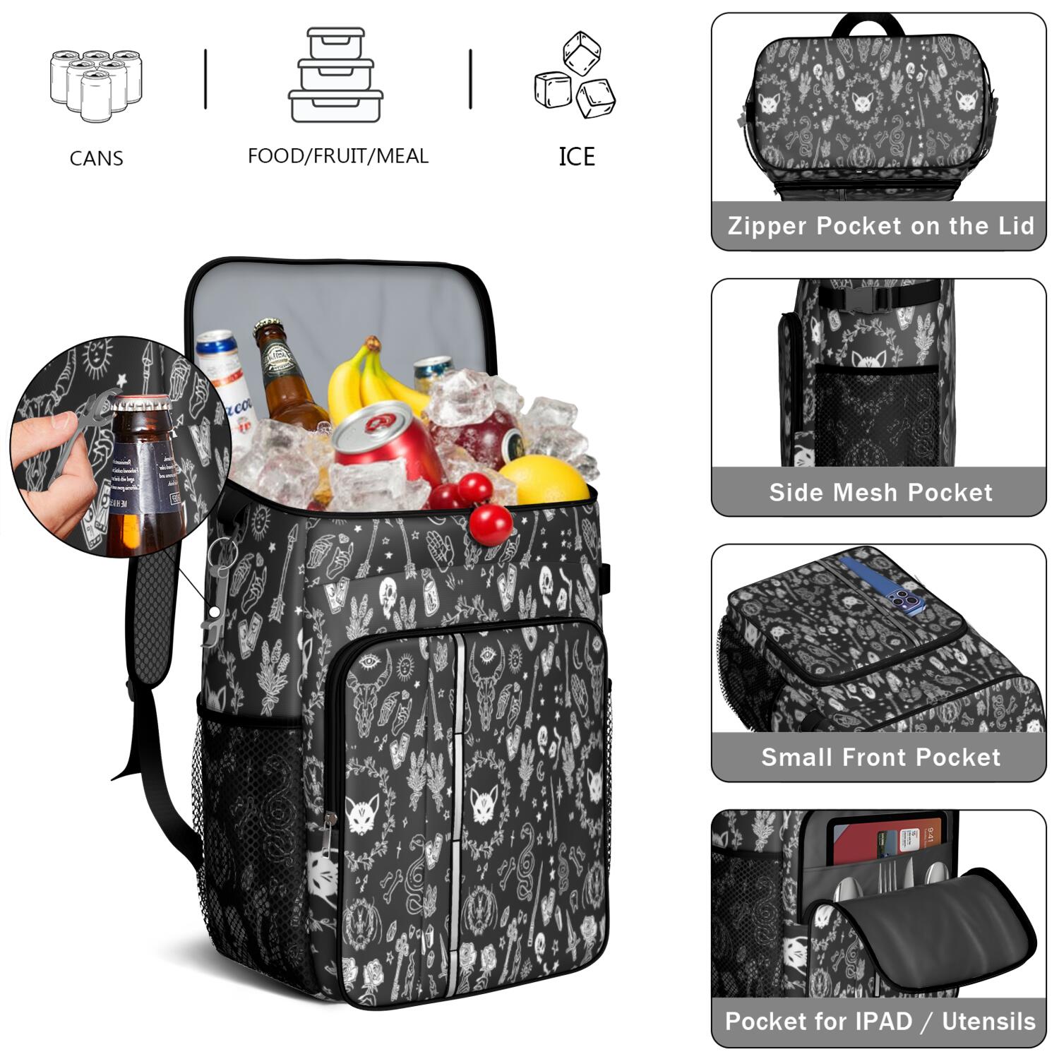Travel Cooler Bag - Occult Halloween Pattern Camping Beer Cooler Backpack with Bottle Opener- Waterproof Insulated Picnic Backpacks - Cooler Bag for Beach