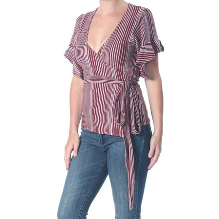 FREE PEOPLE Womens Burgundy Ruffled Striped Short Sleeve Top Size: S