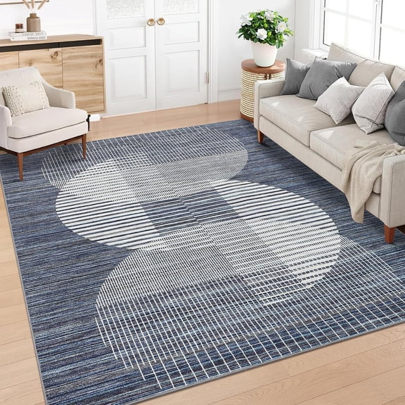 10x13 Minimalist Striped Semicircle Area Rug, Washable Stain Resistant Non Slip Low Pile Carpet for Bedroom Apartment Living Room,blue