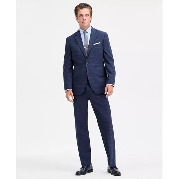 Nautica Mens Modern fit 2 Piece Suit 46 L Pants 41 / 34 Navy Blue Windowpane