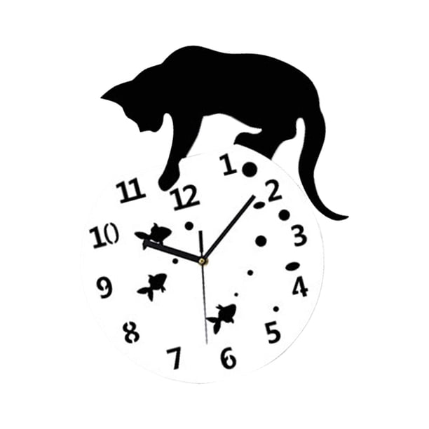 Reloj colgante silencioso, reloj de pared analógico con forma de gato, sin tictac, para aulas y granjas. con peces