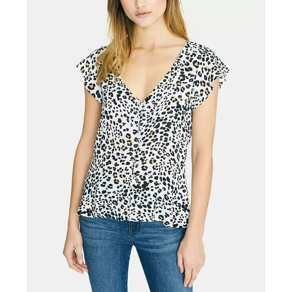 Sanctuary Peplum Flutter Sleeve Blouse In White Leo Size XL fits M $79