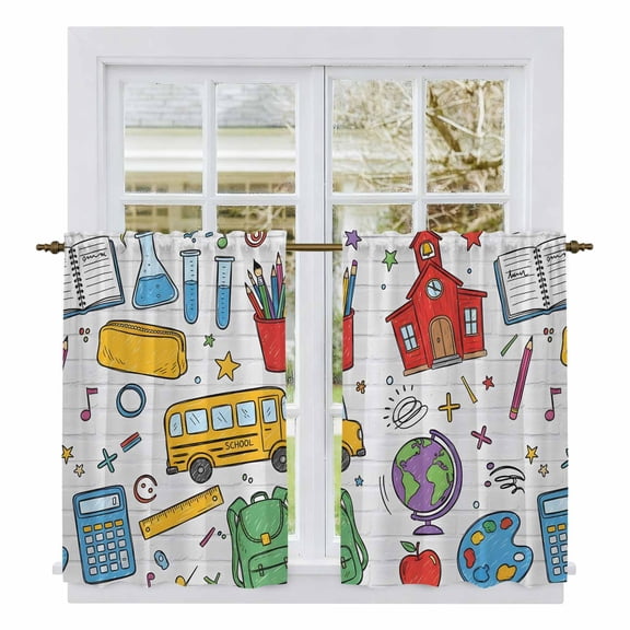 Cartoon Educational Elements Kitchen Curtains 54 Inch Length, Modern Art Childhood Tiers Curtains for Bathroom Bedroom Cafe, Light Filtering Small Window Treatment Short Drapes 2 Panels 42"Wx54"L