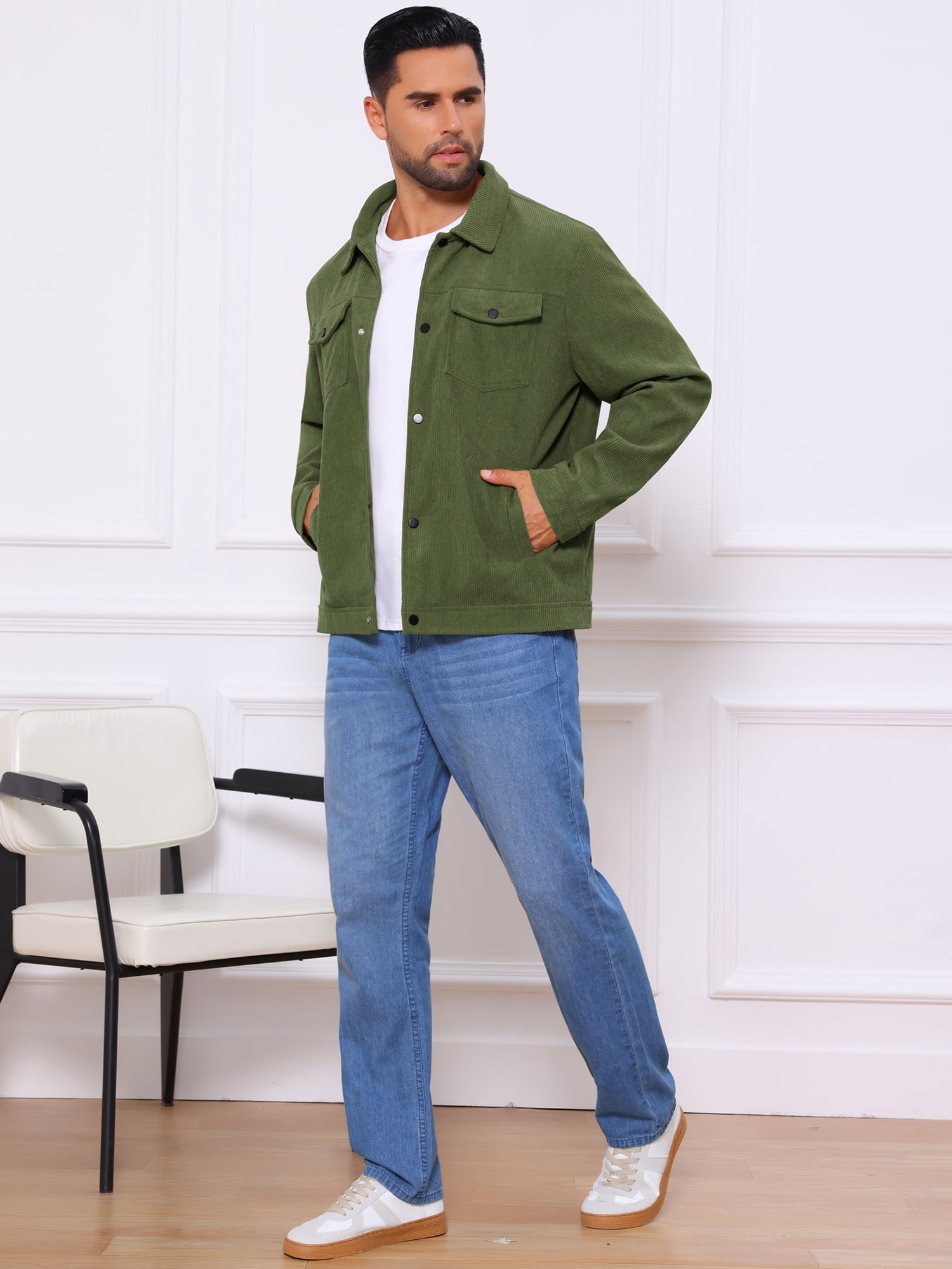 DARING DIVA Men's Solid Long Sleeve Button Pockets Corduroy Trucker Jacket L Green