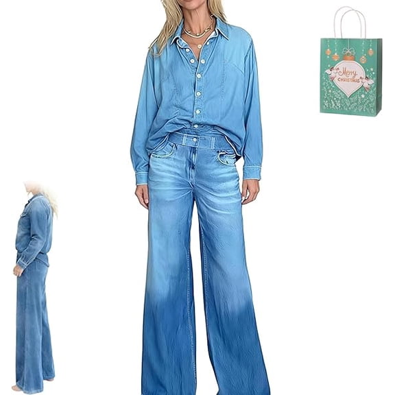 Women’s Denim Dreams Pajama Set, Soft Stretch Denim Pajamas with Relaxed Wide-Leg Pants and Cozy Button-Down Top, Comfortable Denim Pajama Set for Women