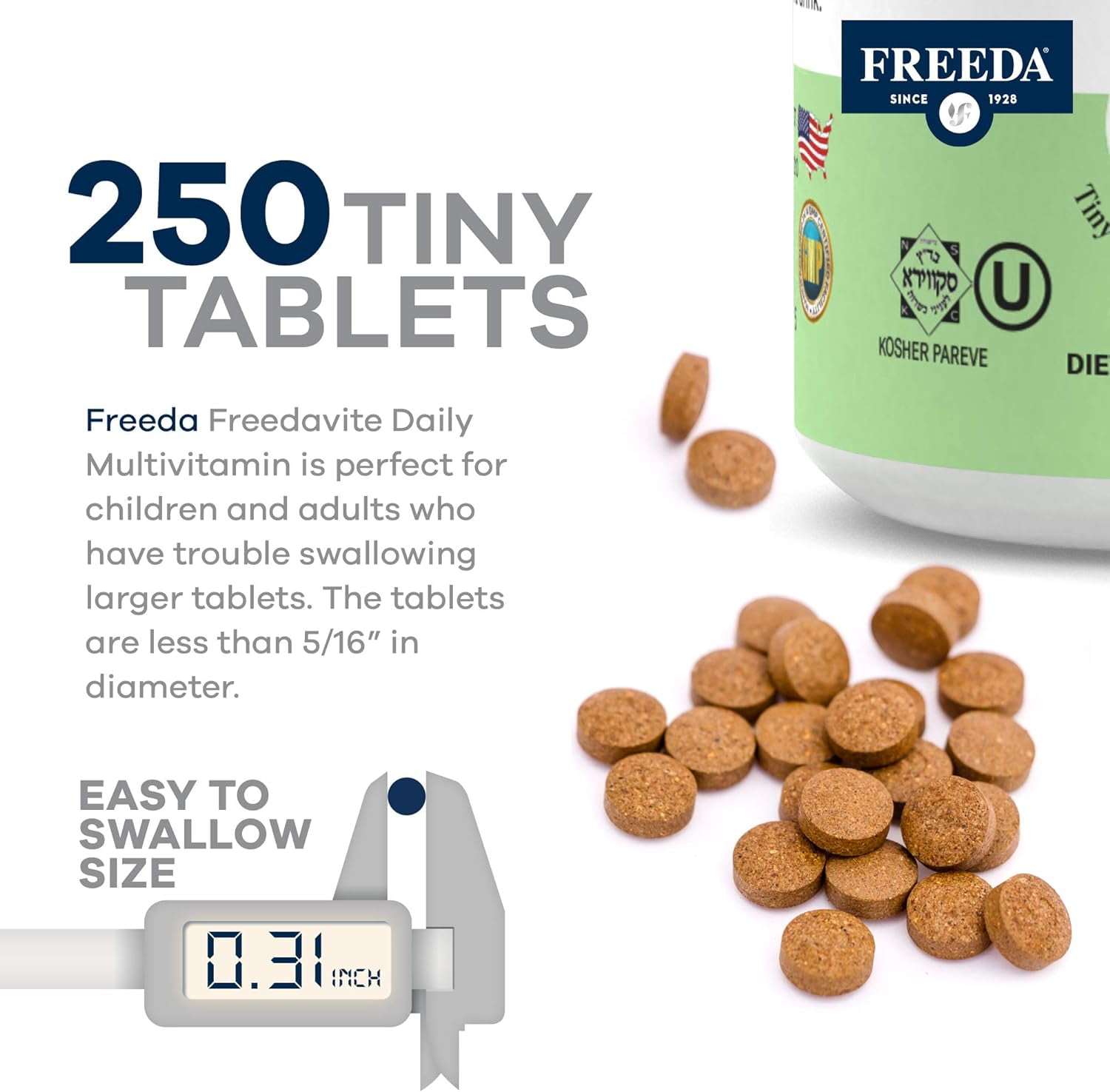 Freeda Multivitamin for Women and Men with Vitamin B1, B2, B6, B12, Folic Acid, and More, 250 Tablets
