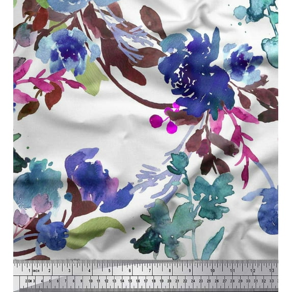 Soimoi Crepe Silk Fabric Flower & Leaves Watercolor Print Fabric by the Yard 42 Inch Wide