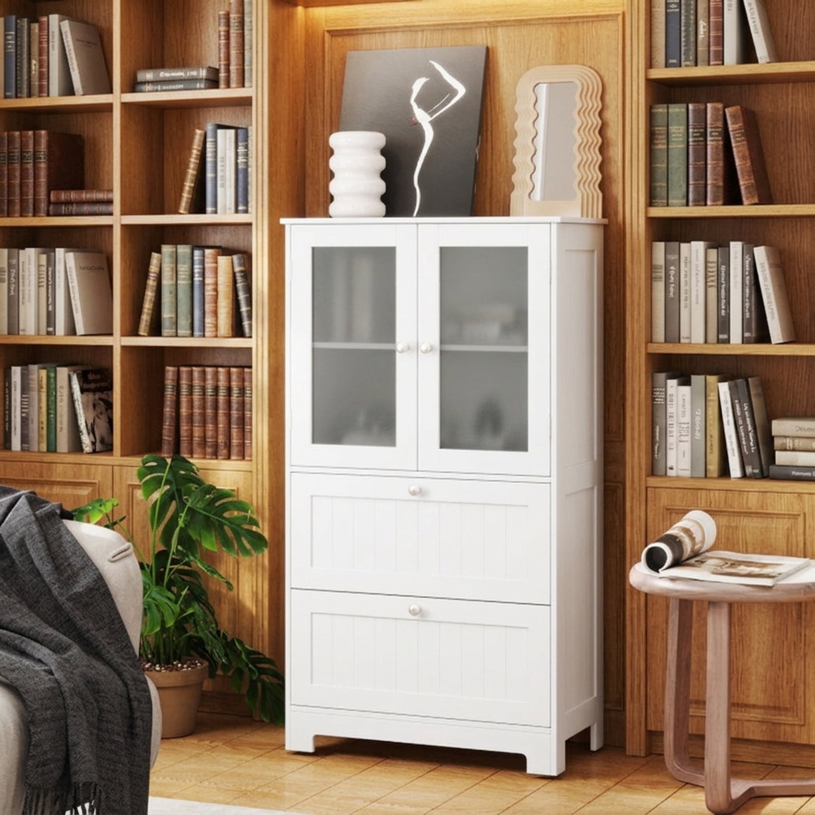 Vebreda Freestanding Bathroom Storage Cabinet, Bathroom Floor Storage Cabinet Freestanding Cupboard Pantry with 2 Drawers and 2 Frosted Glass